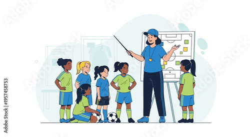 Female soccer coach instructing young girls team on tactics with whiteboard