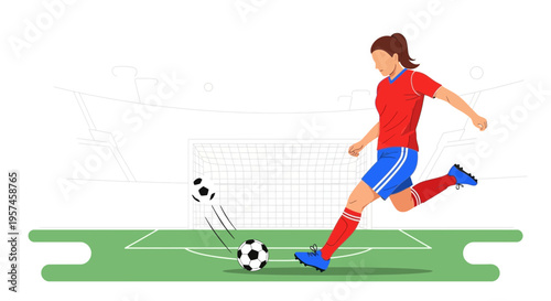 Female soccer player kicking ball on green field, stadium background, action shot