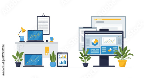 Digital Workplace & Data Analytics: Modern office desk with laptops, monitor, and tablet displaying business intelligence dashboards, charts, and financial reports for remote work.