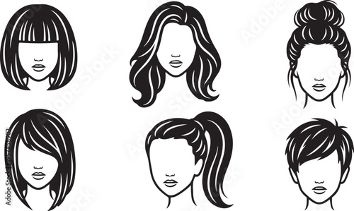 A collection of six different female hairstyles displayed as black and white outlines focusing on hair texture silhouette high quality professional detailed modern elegant stylish clean