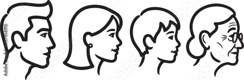 A series of four distinct profile portraits showcasing the stages of life from youth to old age in silhouette high quality professional detailed modern elegant stylish
