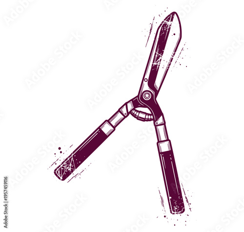 Purple pruning shears with grunge effect on white background for gardening and landscaping