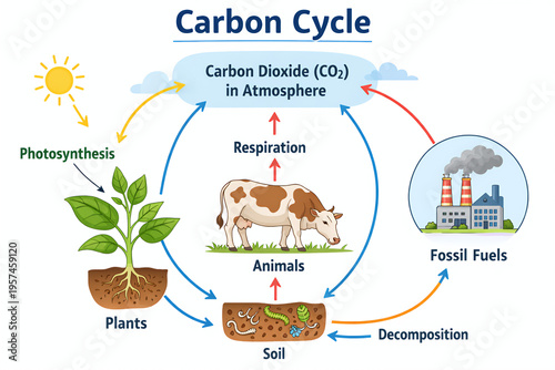 Carbon Cycle Diagram showing Photosynthesis Respiration and Fossil Fuels