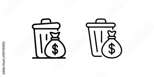 Trash can and money bag icon line isolated on white background symbol for your website design logo app ui vector illustration