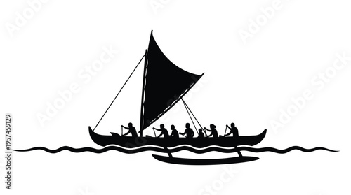Traditional outrigger canoe silhouette with sail and crew, navigating water, depicting cultural heritage, ancient voyages, and the spirit of exploration