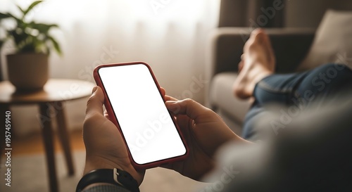 Person holding smartphone with blank screen in a cozy living room setting