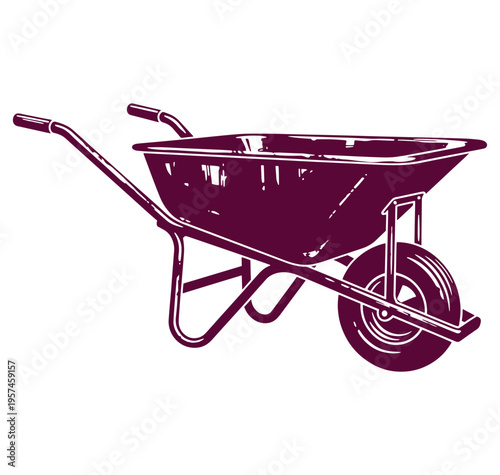 Purple wheelbarrow with one wheel and two handles on white background