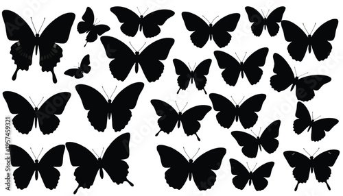 A collection of various butterfly silhouettes arranged in a random pattern on a white background