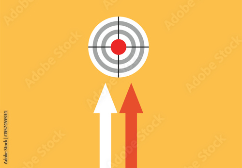 Two arrows white and red aiming towards a target on yellow background goal success