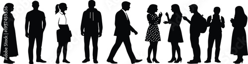 Set of diverse men and women silhouettes in casual and professional attire standing, walking, and talking isolated on white background.