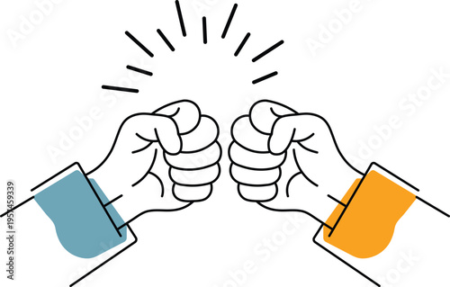 Two fists bumping with blue and orange accents and radiating lines fist bump hands greeting