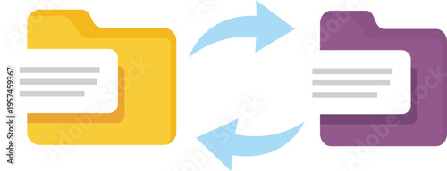 Yellow and purple folders with blue arrows indicating data transfer document exchange