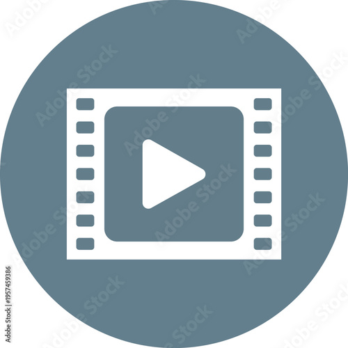 White play button on strip inside blue circle cinema media entertainment