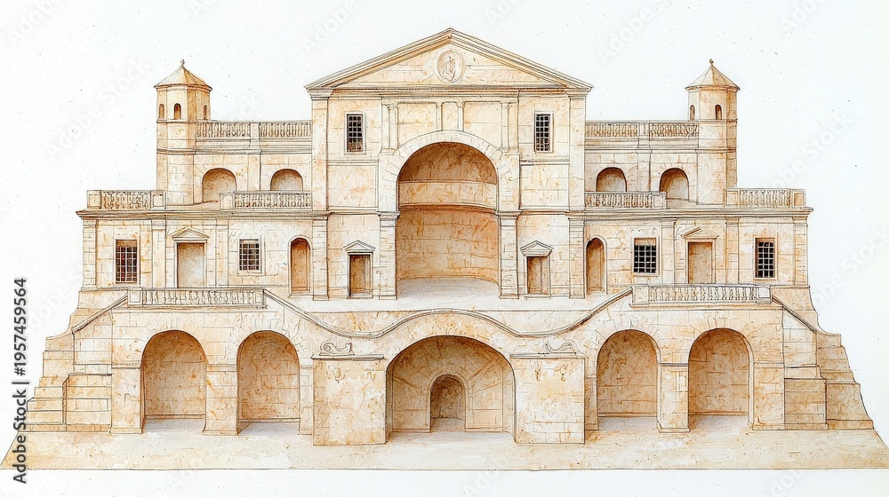 Obraz premium Detailed Architectural Model of a Classic Building with Balconies and Decorative Elements
