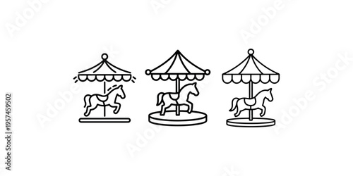 Set of three carousel icons showing different styles of amusement park rides with horses and umbrellas, carnival entertainment symbols on white background