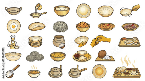 Sri Lankan Food Icon Set in Graphic Style. A collection of South Indian cuisine linear icons, including appam, hoppers, string hoppers, coconut, curry, chef, pan, stone, tray