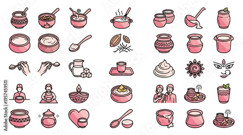 Mishti Doi and Indian Yogurt Icon Set in Linear Style. A collection of linear icons, including sweet curd, milk pot, clay matka, sugar, cardamom, yogurt, diya, Durga, and more. Vector art.