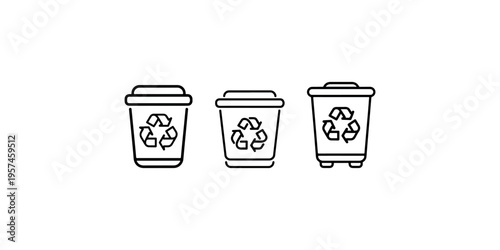 Set of three recycle bin icons with recycle symbol showing different styles of trash cans, waste management and environmental protection concept