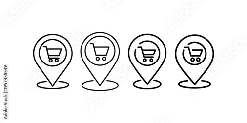 Four outline icons representing shopping cart markers, indicating store locations, e-commerce points of interest, and online shopping destinations.