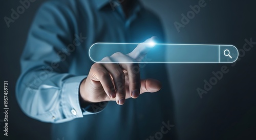 Man interacting with futuristic search bar interface
