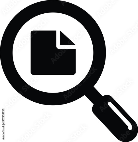 Black magnifying glass over a document on white background search find research