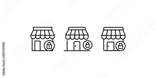 Shop store with lock icon set. secure shopping, closed store, protected business, limited access, private commerce vector illustration