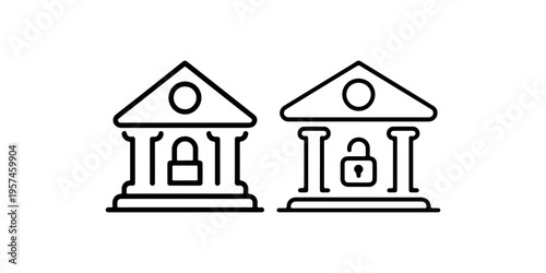 Bank building with locked and unlocked padlock icons. financial security, open access banking, secure transactions vector illustration