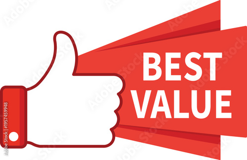 Red banner with white thumbs up and text value white approval endorsement