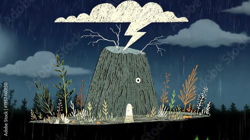 Volcano Lightning Illustration: Cartoon Style Stormy Weather Scene with Rain Clouds and Tropical Vegetation in Whimsical Art Vector Graphics