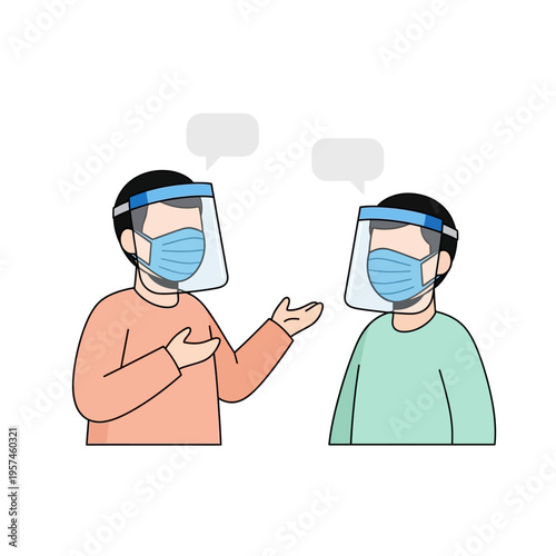 Two people talking while wearing face masks and shields, pandemic communication