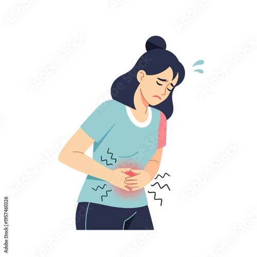 Woman clutching stomach in pain, stomachache, digestive issues, health problem illustration