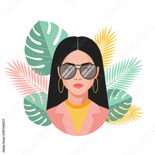 Fashionable Woman with Sunglasses and Tropical Leaves, Flat Design Portrait