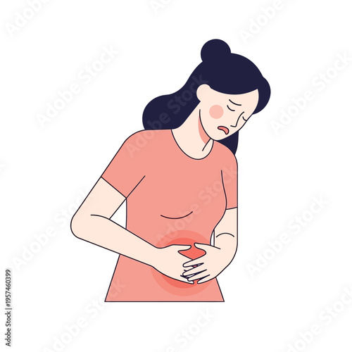 Woman holding stomach in pain, stomachache, digestion problems, discomfort, illness illustration