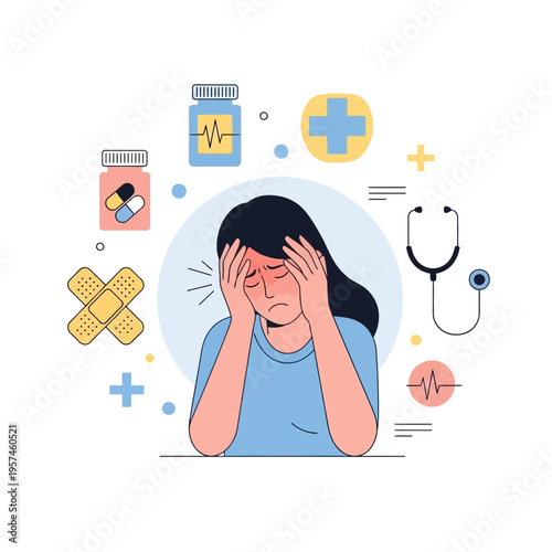 Woman suffering from headache and illness, surrounded by medical symbols