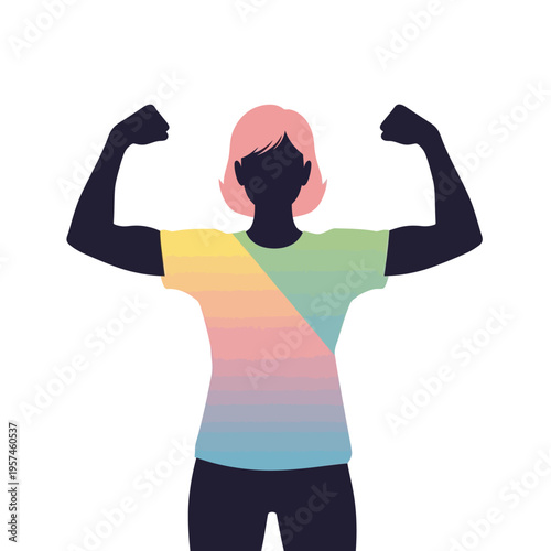 Strong Woman Silhouette Flexing Biceps, Colorful T-Shirt, Empowerment