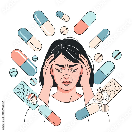 Woman suffering from headache surrounded by pills, capsules, and blister packs