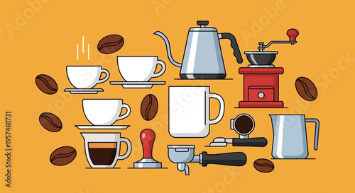 Coffee preparation tools and cups for brewing and serving hot beverages.