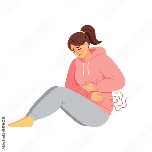 Woman suffering from stomach pain, holding abdomen, feeling unwell