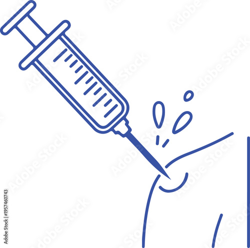 A simple blue line icon depicting a medical syringe administering an injection into human skin isolated on transparent background, isolated on white background, Vector