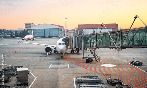 An airliner is parked at a terminal gate connected to a boarding bridge on an airport tarmac during a golden sunset.