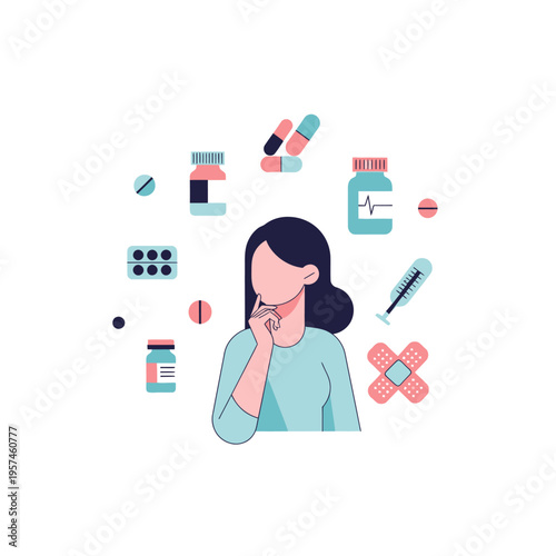 Woman thinking about medical treatment options, pills, capsules, thermometer, bandages, medicine bottles