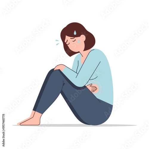 Woman suffering from stomach pain, holding her belly, feeling unwell and nauseous.