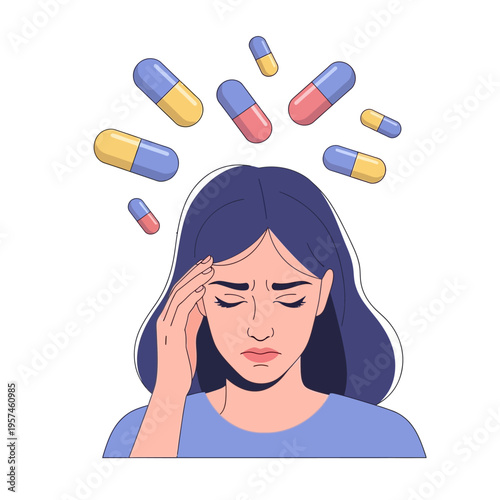 Woman with headache surrounded by pills, illustration of pain and medication
