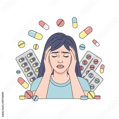 Woman with headache surrounded by pills and medicine, stress, anxiety, pain relief concept