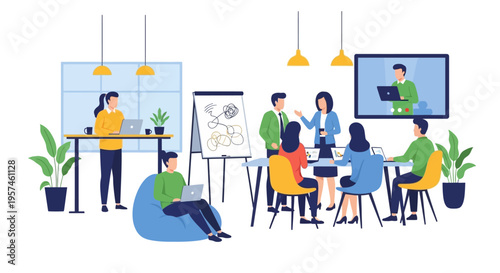 Business Team Meeting and Hybrid Collaboration in Modern Office Space