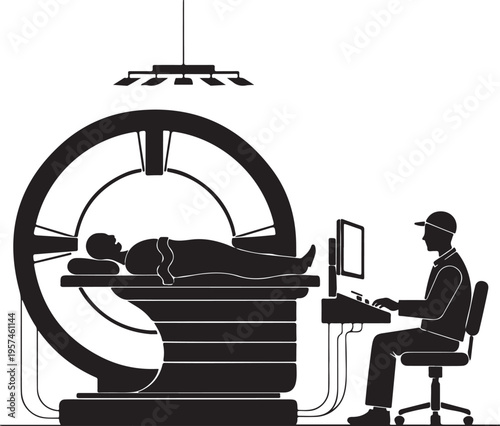 radiologist CT scanner silhouette vector, diagnostic imaging