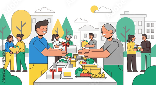 Community volunteers distributing food and essential items to people in need.