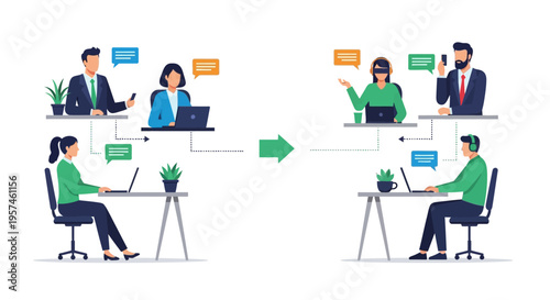 Digital Communication and Customer Support Process with Diverse Team Interaction. Online Service and Remote Collaboration Concept.