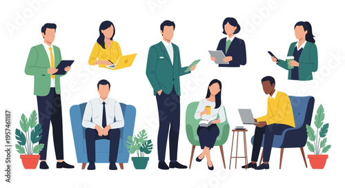 Diverse Business Professionals & Office Workers Vector Set: Modern Flat Design Illustration of Teams, Communication & Productivity in the Workplace