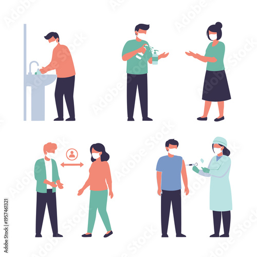 COVID-19 Prevention: Hygiene, Social Distancing, Vaccination Icons